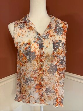 Quintessential Sleeveless Button Down Colorful Blouse w/2 Front Pockets Sz S